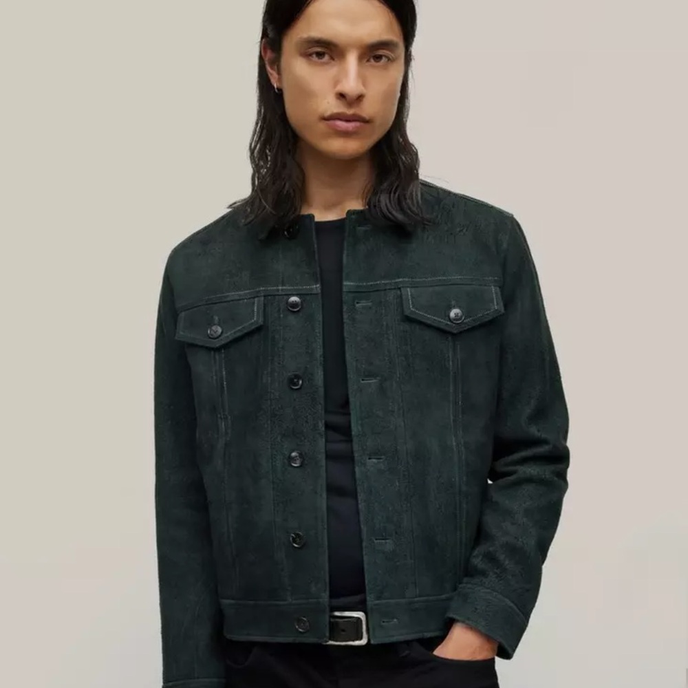 NWT John Varvatos Dark Green Leather Suede Starr Trucker Jacket